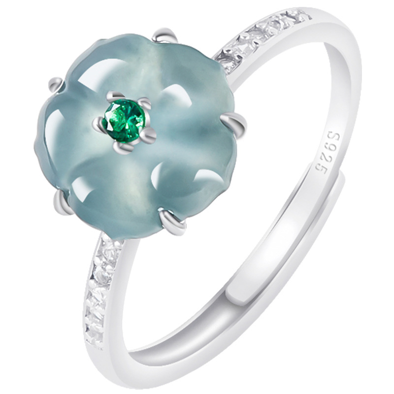 Women Accessories To Gift - Blue Burmese Jadeite Flower Rings 925