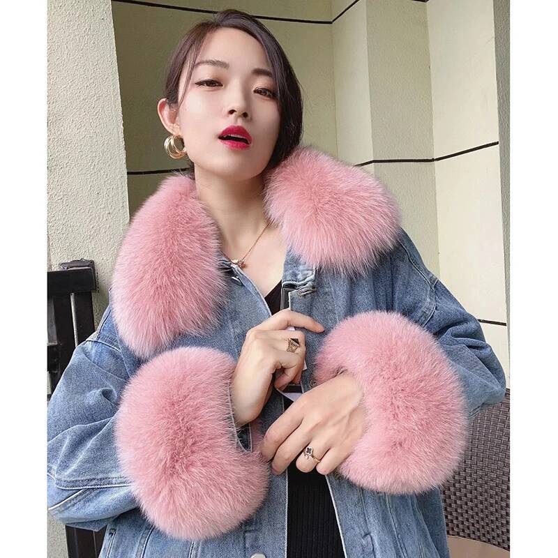 100% Real Fox Fur Collar Winte - Women'S Winter Accessories Set ulasan dan harga