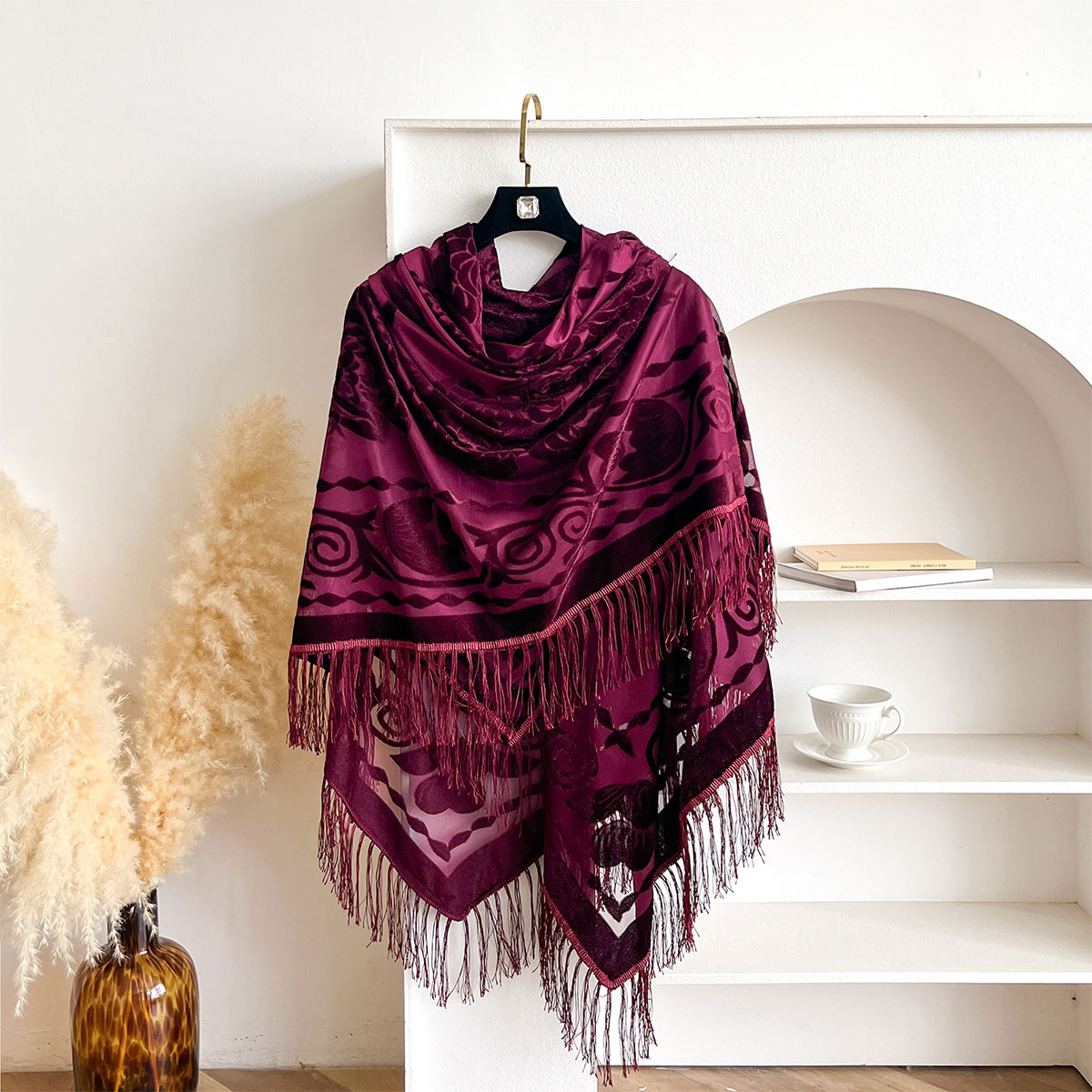 Retro Velvet Tassel Scarf Flor - Women'S Winter Accessories Set ulasan dan harga